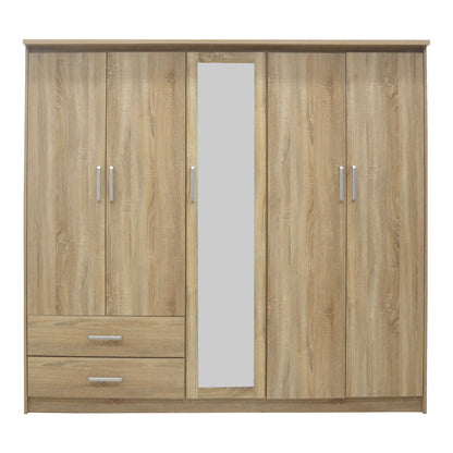 Wardrobe Olympus pakoworld with 5 doors and drawers+mirror in light oak colour 198x57x183