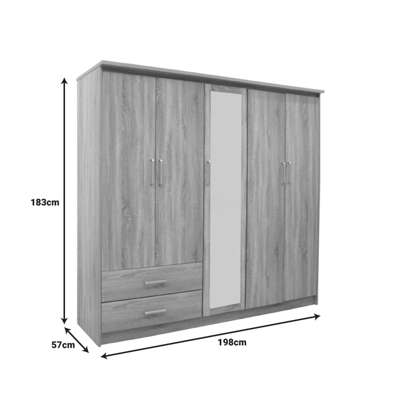 Wardrobe Olympus pakoworld with 5 doors and drawers+mirror in light oak colour 198x57x183