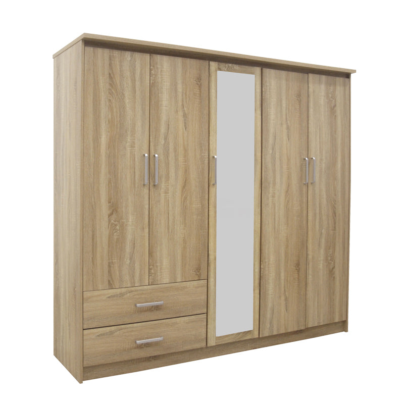 Wardrobe Olympus pakoworld with 5 doors and drawers+mirror in light oak colour 198x57x183