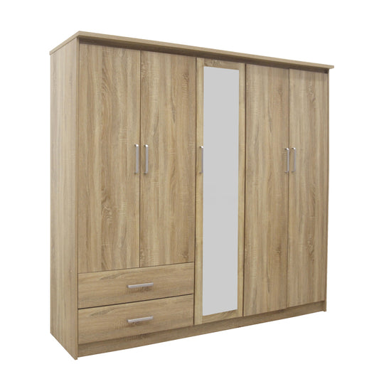 Wardrobe Olympus pakoworld with 5 doors and drawers+mirror in light oak colour 198x57x183