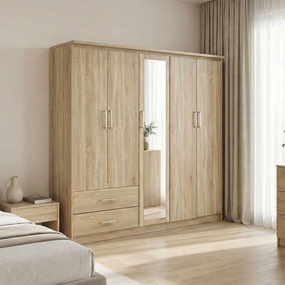 Wardrobe Olympus with 5 doors and drawers+mirror in sonoma colour 198x57x183