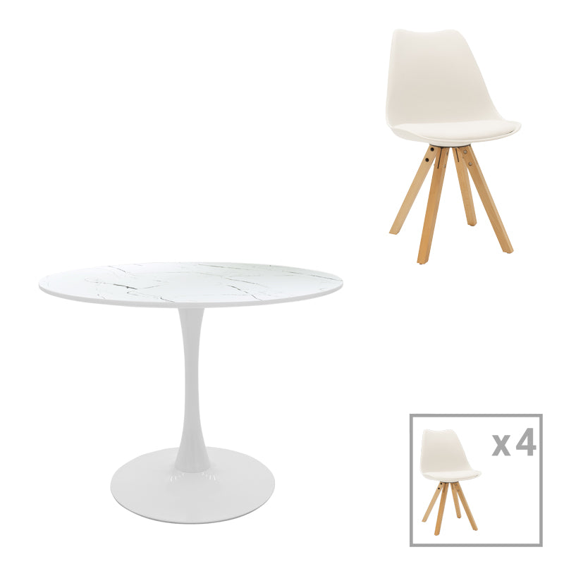 Balou I-Caron dining table set of 5 pakoworld MDF and pp in white-natural shade Φ120x75cm