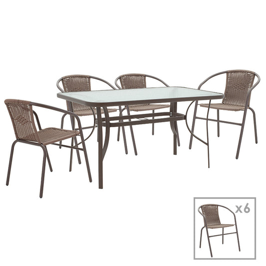 Dining set 7pcs Ensure-Obbi pakoworld metal-glass brown 140x80x70cm