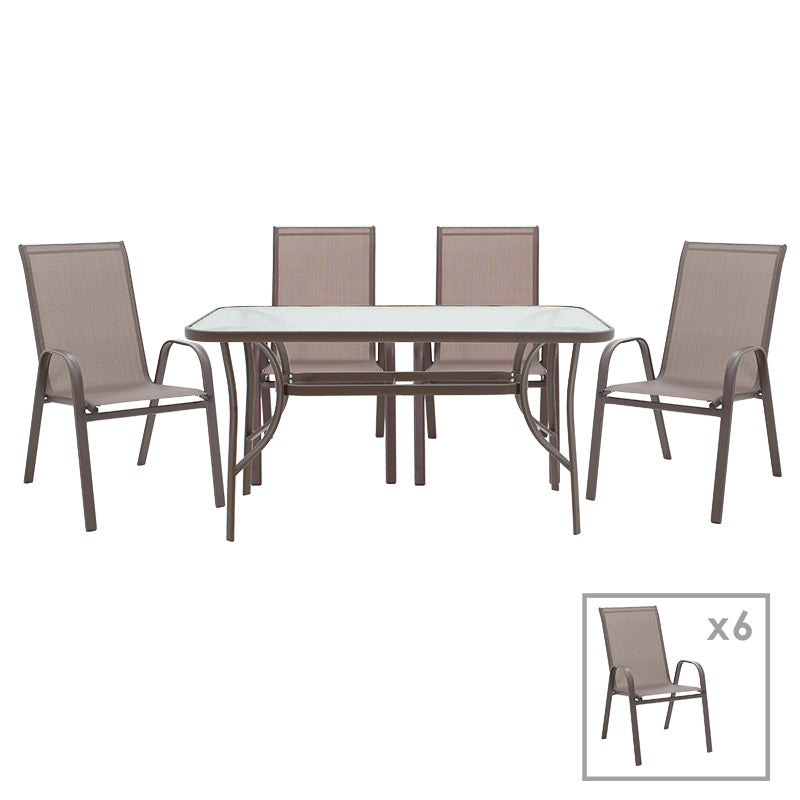 Dining set 7pcs Ensure-Calan pakoworld metal-glass brown 140x80x70cm