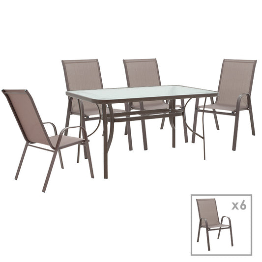 Dining set 7pcs Ensure-Calan pakoworld metal-glass brown 140x80x70cm