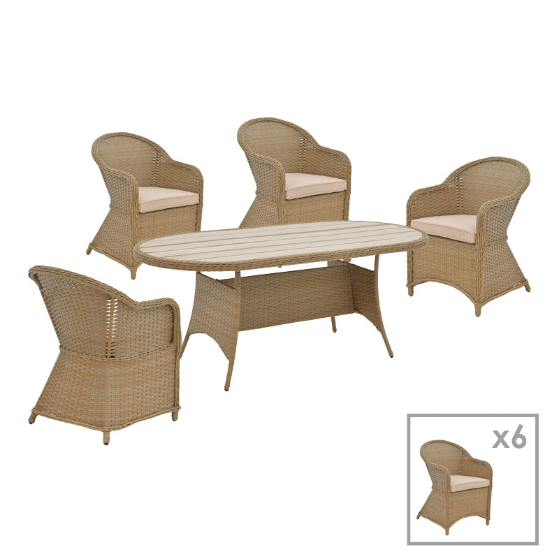 Dinning set Hadrian-Keir pakoworld set of 7 brown rattan-beige textilene-brown aluminum 180x90x72cm