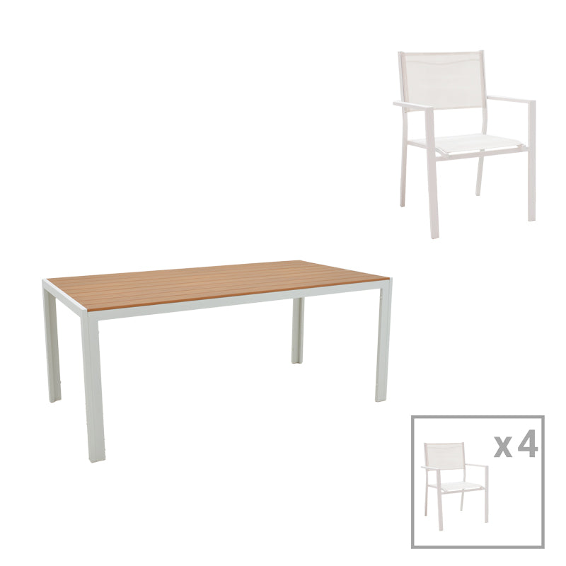 Dining table Nares-Moly A set of 5 pakoworld white aluminum and plywood in natural color 180x90x72.5cm