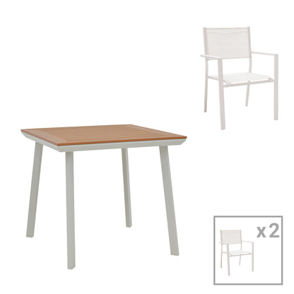 Moly-Synergy dining table set of 3 pakoworld white aluminum and textilene with plywood in natural color 80x80x74cm