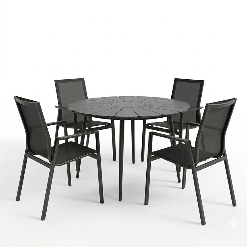 Pinap-Dashiell dining table set of 5 pcs black aluminum and plywood in black shade Φ110x74cm