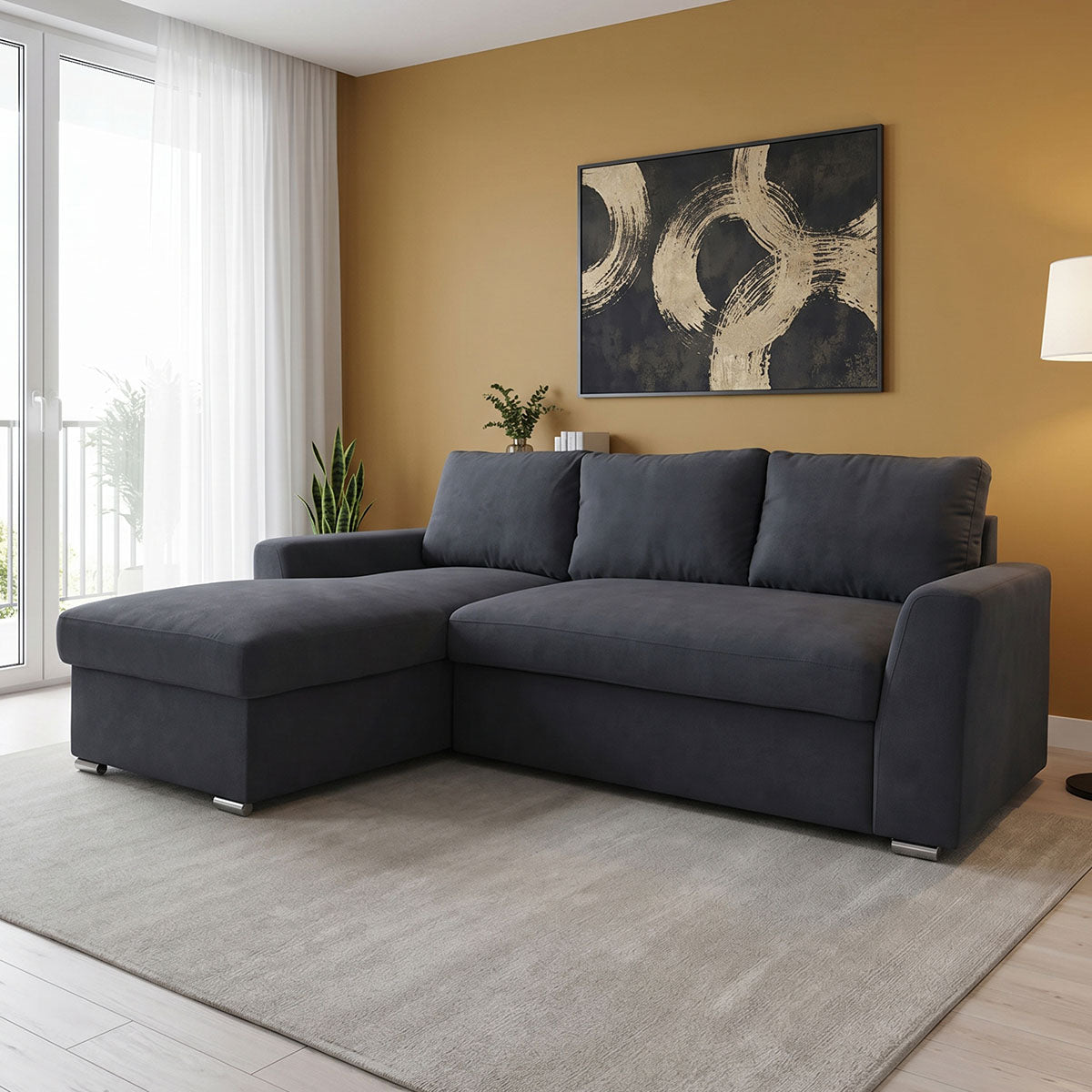 Corner-sofa bed right corner Belle fabric anthracite236x164x88cm