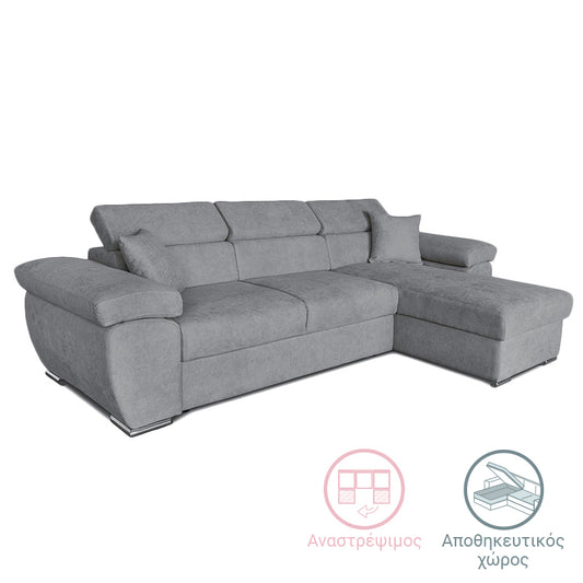 Corner sofa-bed reversible Comy pakoworld fabric gray 286x160x75-90cm