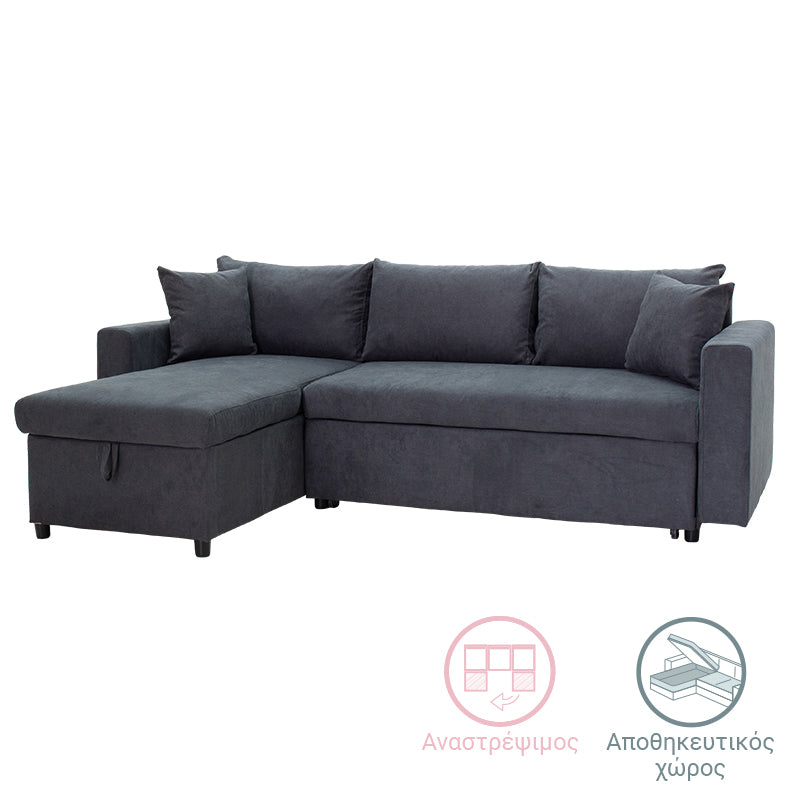 Corner sofa-bed reversible Lilian pakoworld fabric anthracite 225x148x81cm