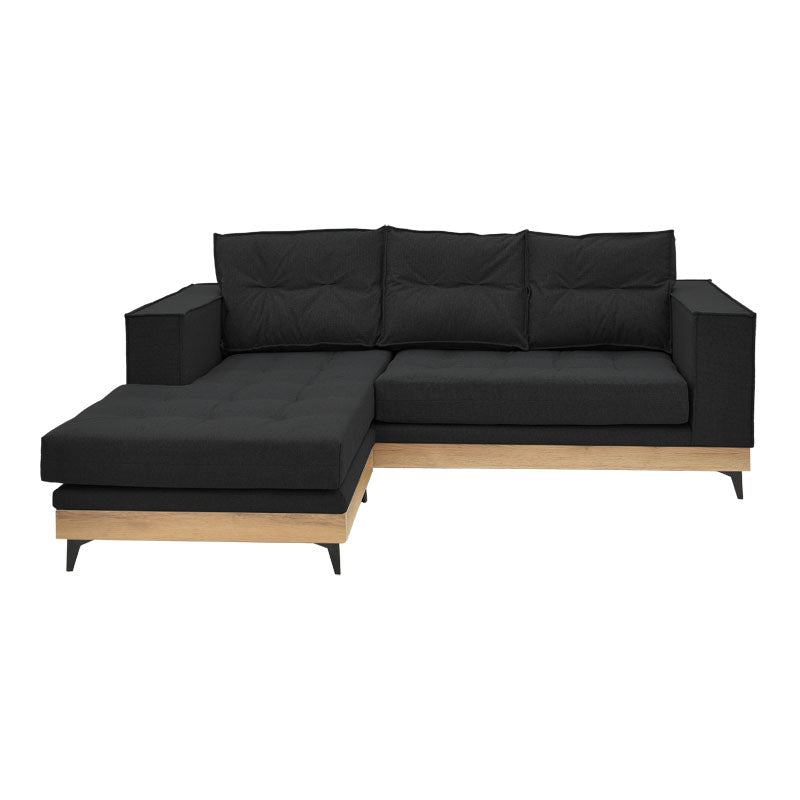 Corner reversible sofa Mirabel pakoworld black fabric-natural wood 250x184x100cm