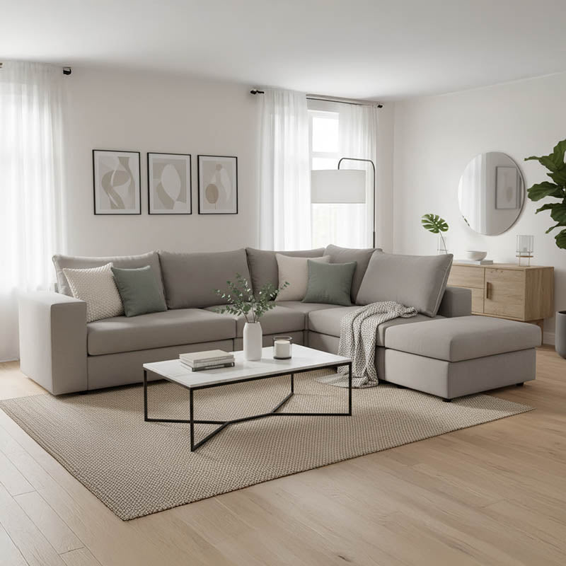 Reversible polymorphic sofa London grey fabric-light grey cushions 296x246x95cm