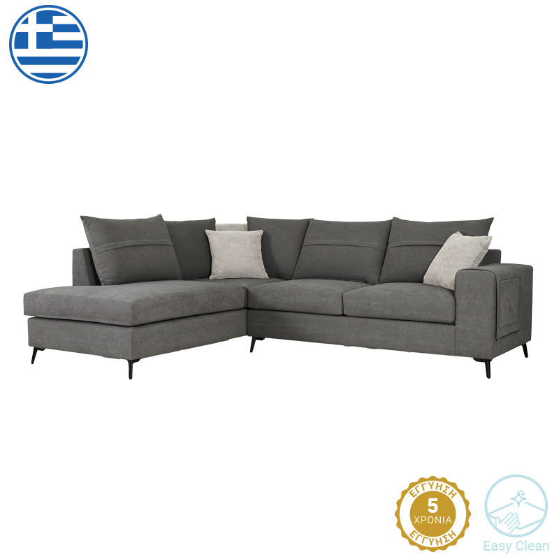 Right corner sofa Montana pakoworld grey fabric-light grey cushions 275x215x93cm