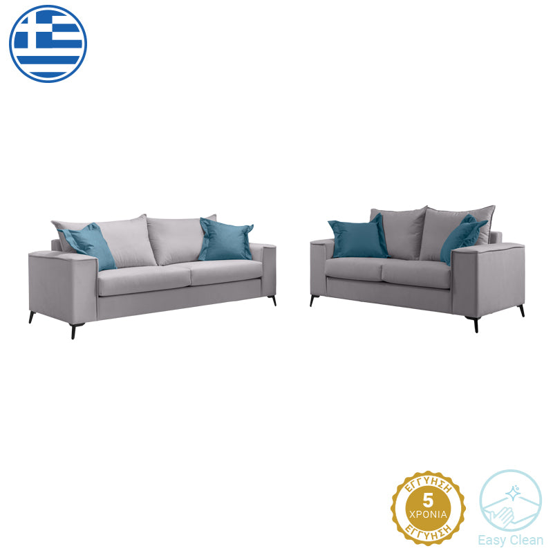 Verona pakoworld 2 pieces sofa set light grey fabric with blue-colored cushions