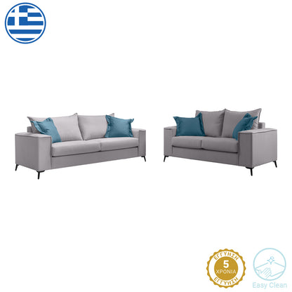 Verona pakoworld 2 pieces sofa set light grey fabric with blue-colored cushions