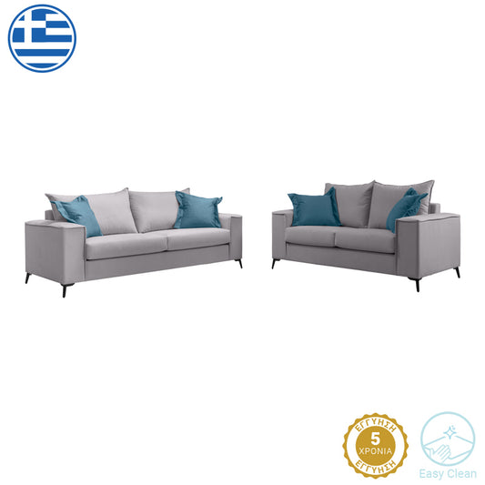 Verona pakoworld 2 pieces sofa set light grey fabric with blue-colored cushions