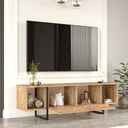 TV cabinet Oly pakoworld black metal and melamine in natural shade 160x14.5x33.1cm