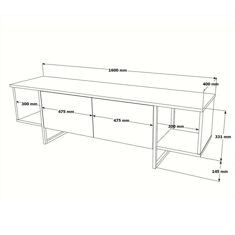 TV cabinet Oly pakoworld black metal and melamine in natural shade 160x14.5x33.1cm