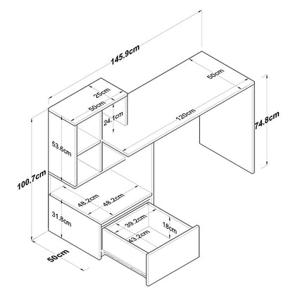 Work desk-shelf unit Boaz pakoworld walnut-white 146x50x100.5cm