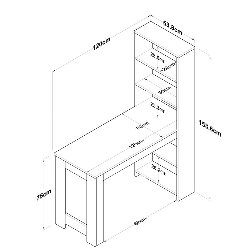 Work desk-shelf unit Pawl pakoworld walnut 120x53.8x153.5cm