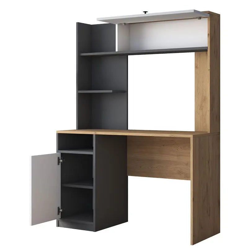 Work desk-bookcase Pero pakoworld melamine dark grey-white-natural 117x46x160cm