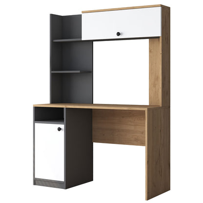 Work desk-bookcase Pero pakoworld melamine dark grey-white-natural 117x46x160cm