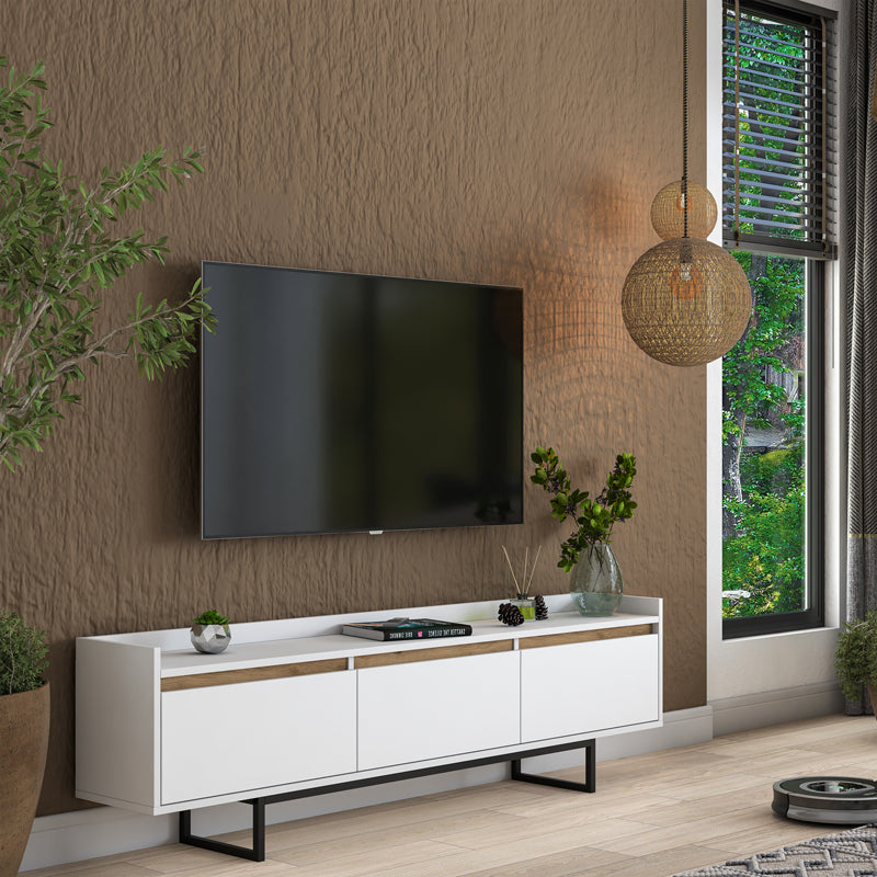 TV cabinet Ranil pakoworld white walnut melamine-black metal legs 180x29.7x51.8cm