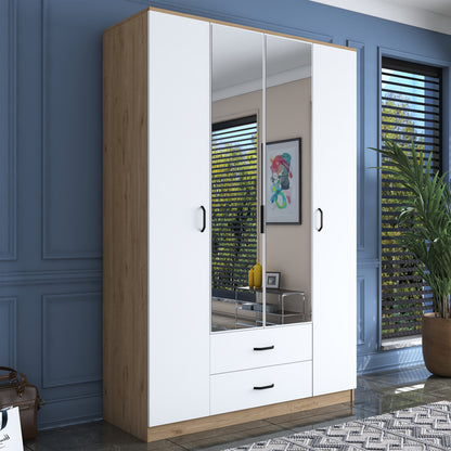 4 Doors wardrobe with mirror Rersin pakoworld white walnut melamine 140x51.5x210cm