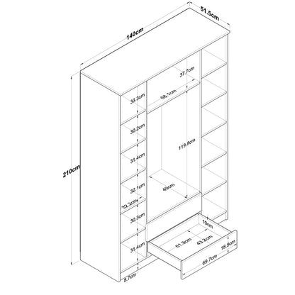 4 Doors wardrobe with mirror Rersin pakoworld white walnut melamine 140x51.5x210cm