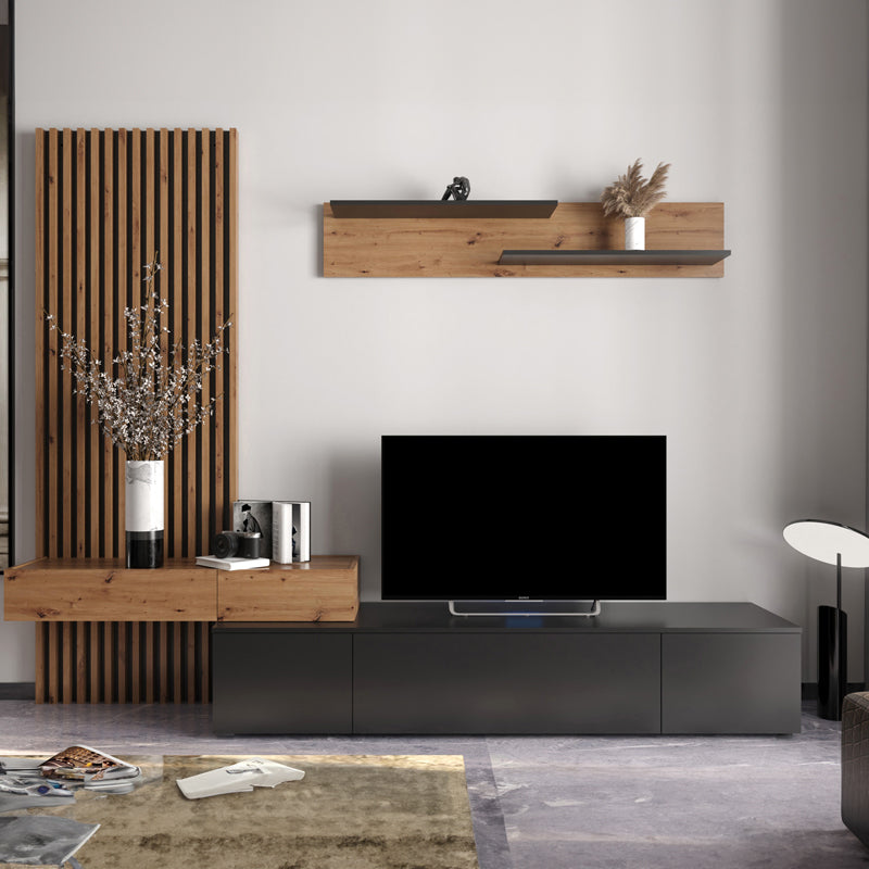 TV unit Litende pakoworld black-sonoma melamine 249.5x42x199.5cm