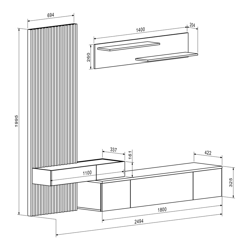 TV unit Litende pakoworld black-sonoma melamine 249.5x42x199.5cm