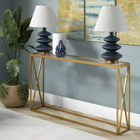 Metal console with glass surface Kantoo in gold shade 120x25x75cm