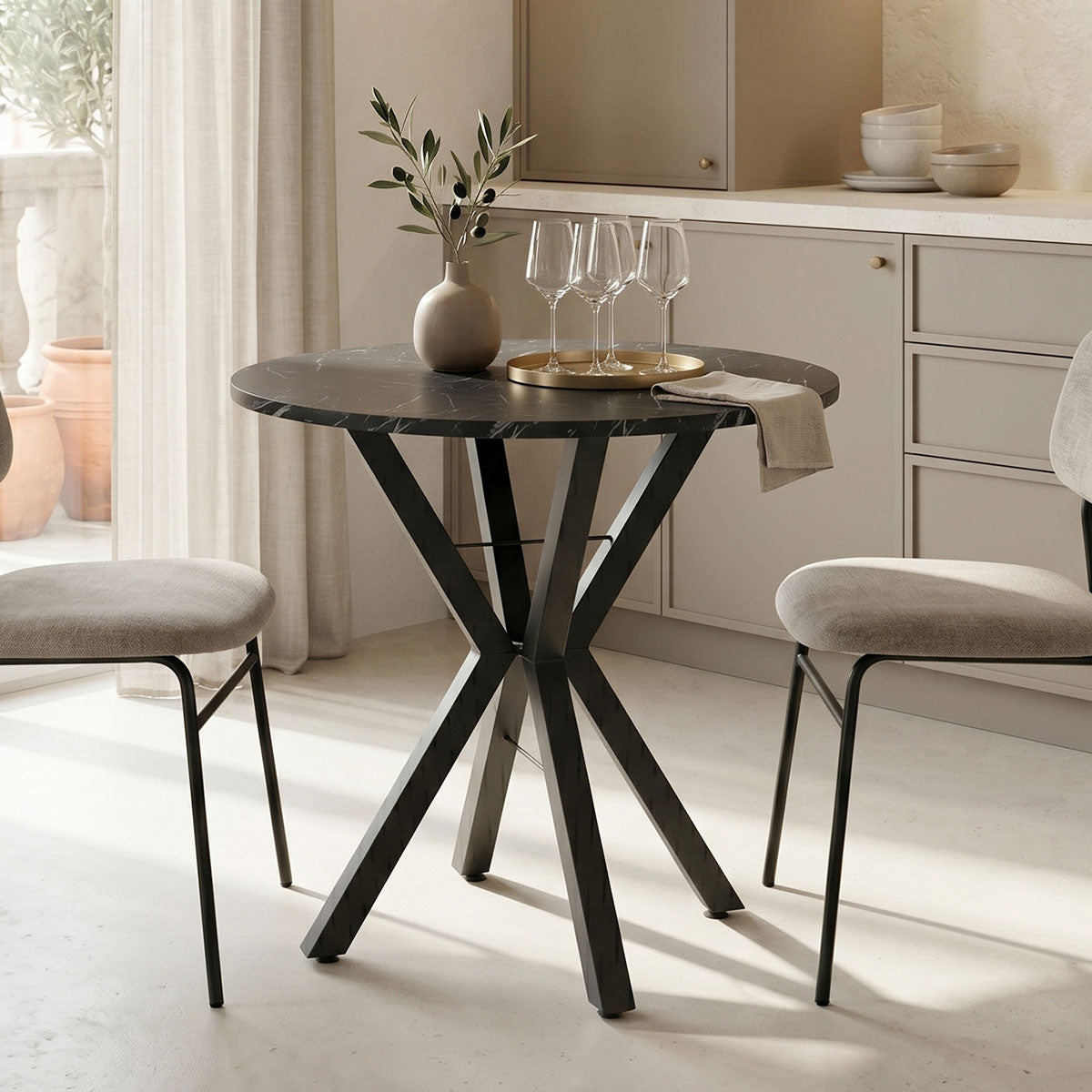 Rogue table black marble look with black metal legs D70x72cm