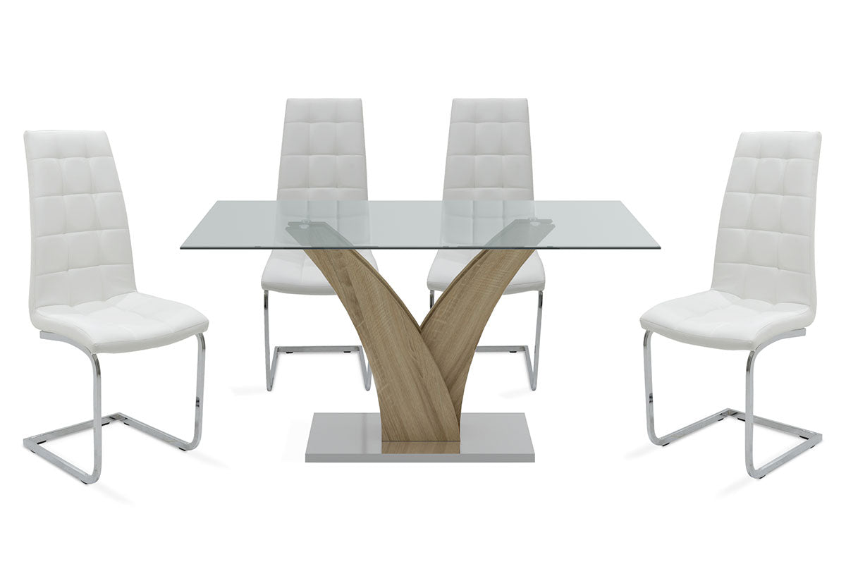 Dining set 5pcs Gull-Darrell pakoworld glass surface-chair with white pu 150x90x76cm