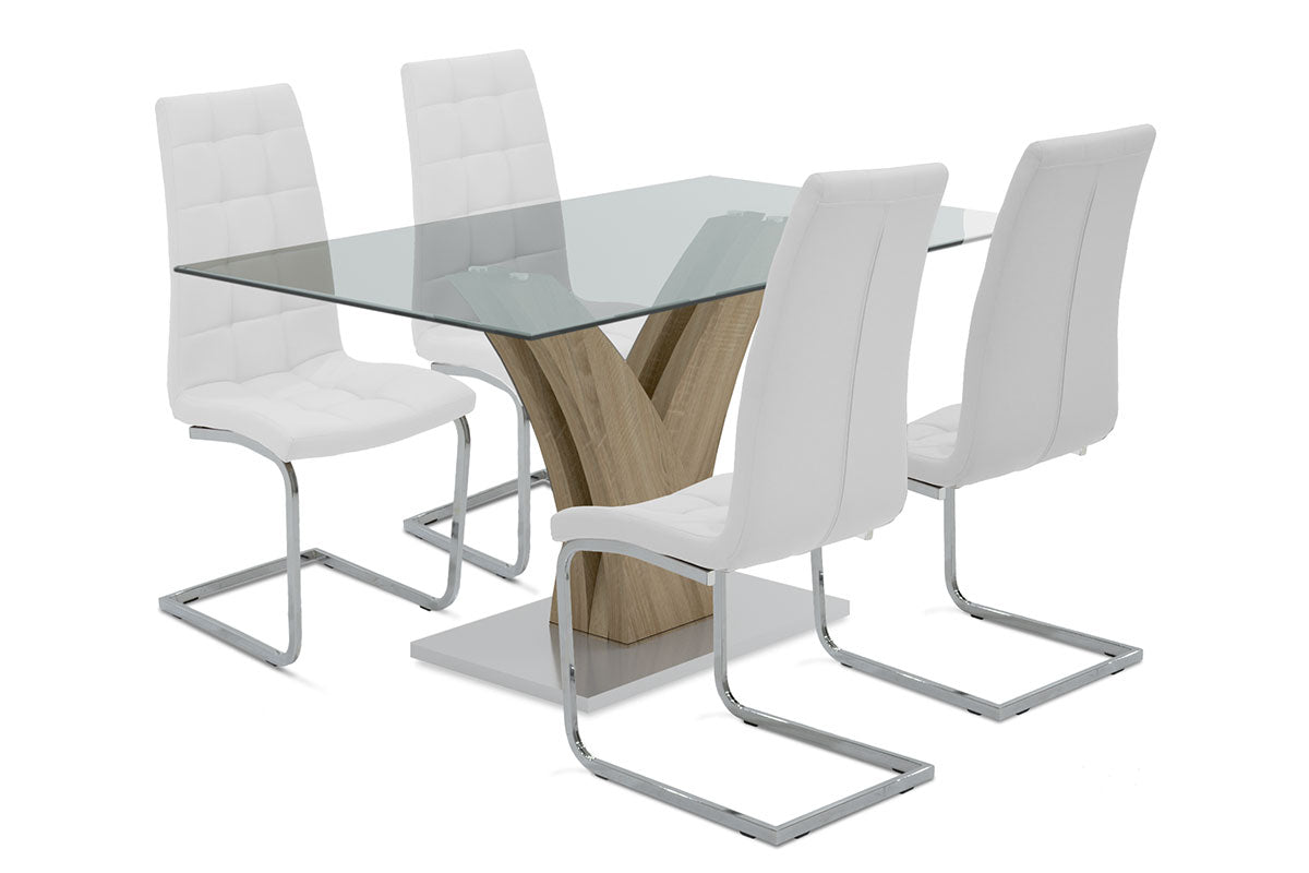 Dining set 5pcs Gull-Darrell pakoworld glass surface-chair with white pu 150x90x76cm