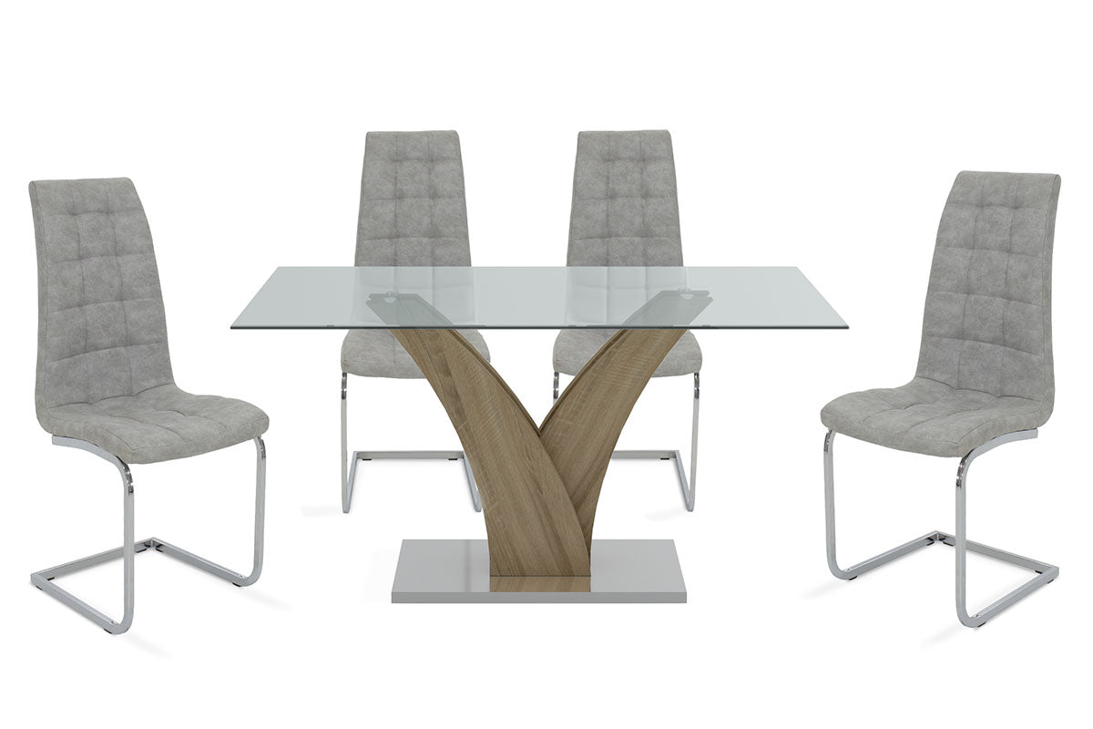 Dining set 5pcs Gull-Darrell pakoworld glass surface-chair with antique grey pu 150x90x76cm