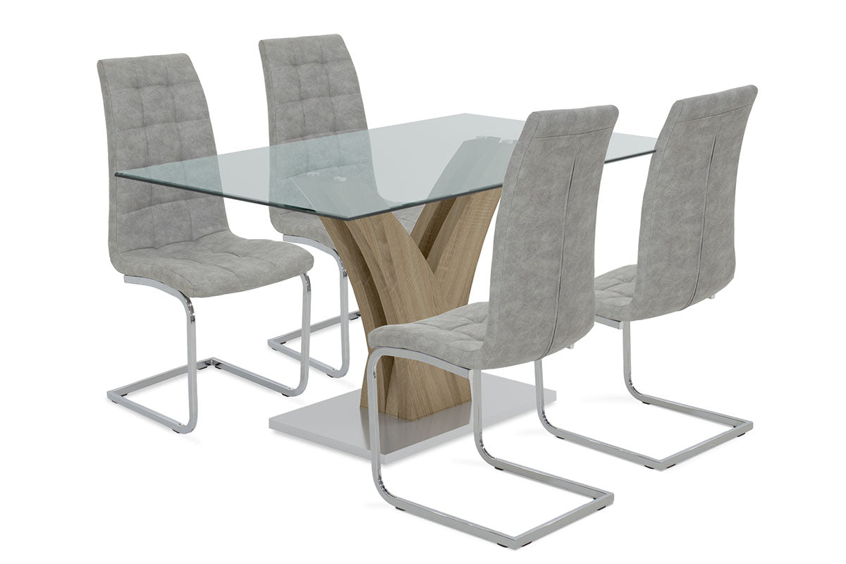 Dining set 5pcs Gull-Darrell pakoworld glass surface-chair with antique grey pu 150x90x76cm