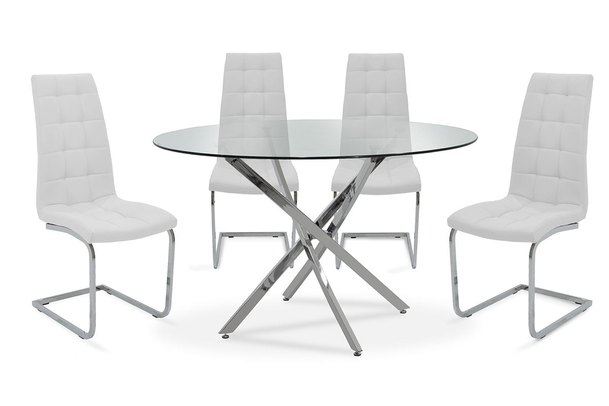 Dining table set 5pcs Steve pakoworld with glass-chair white pu D120x74,5cm