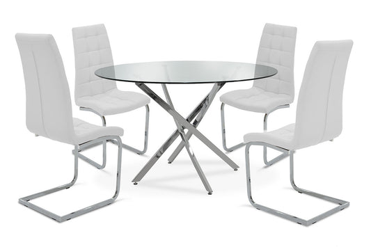 Dining table set 5pcs Steve pakoworld with glass-chair white pu D120x74,5cm