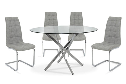 Dining table set 5pcs Steve pakoworld with glass-chair grey antique pu D120x74,5cm