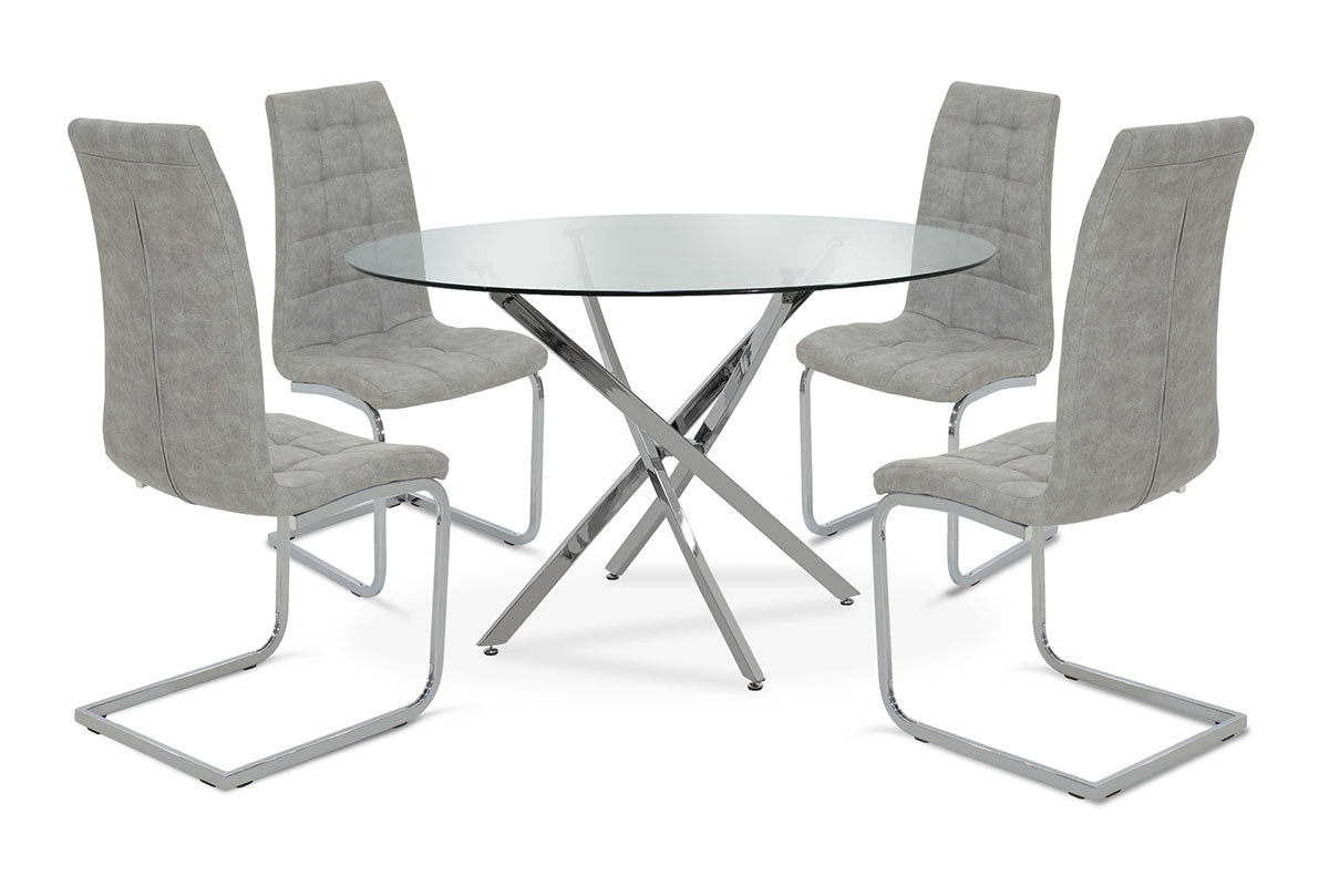 Dining table set 5pcs Steve pakoworld with glass-chair grey antique pu D120x74,5cm