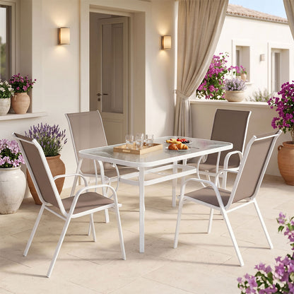 Dining table Ensure-Calan I set of 5 metal white-brown textilene 120x70x70cm