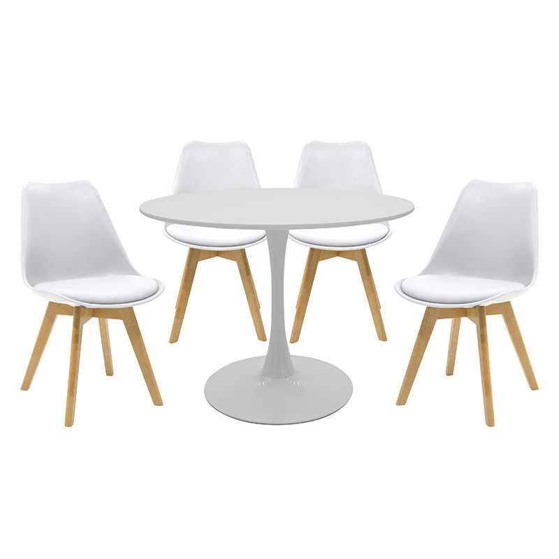 Balou-Gaston dining table set of 5 pakoworld MDF and pp in white-natural shade Φ100x75cm