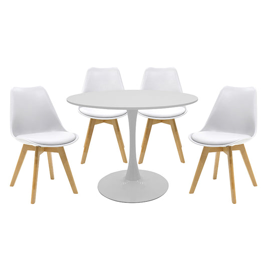 Balou-Gaston dining table set of 5 pakoworld MDF and pp in white-natural shade Φ100x75cm