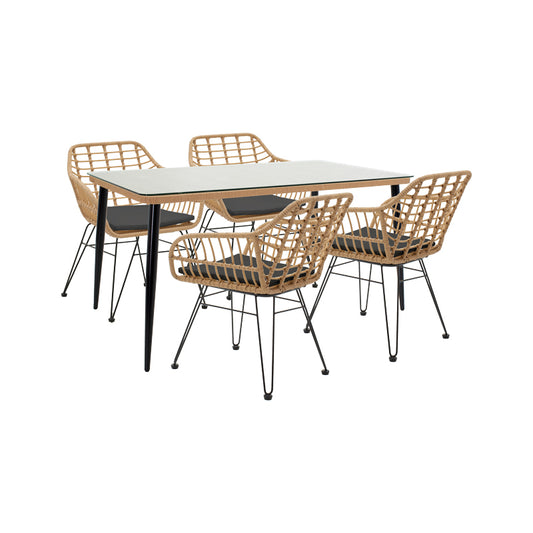 Dining table Naoki II pakoworld set of 5 natural rattan-black metal-glass 160x90x78cm