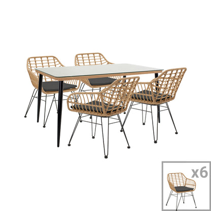 Dining table Naoki III pakoworld set of 5 natural rattan-black metal-glass 160x90x78cm