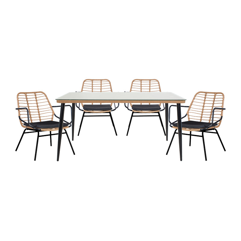 Dining table Naoki A pakoworld set of 5 natural rattan-black metal-glass 160x90x78cm