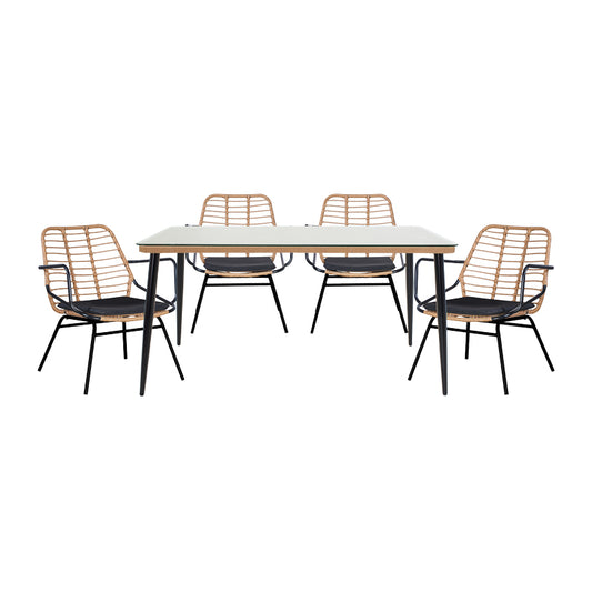 Dining table Naoki A pakoworld set of 5 natural rattan-black metal-glass 160x90x78cm